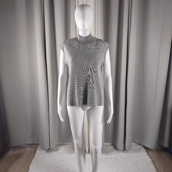 Coldwater Creek Silver Glitter Silk Blend Sparkle Mock Turtleneck Blouse Size L - Picture 2 of 12